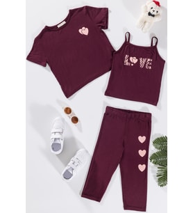 3'lü Love Baskılı Tshirt Atlet Tayt Bordo Takım