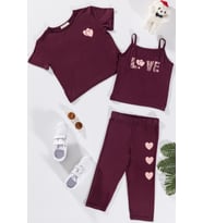 3'lü Love Baskılı Tshirt Atlet Tayt Bordo Takım