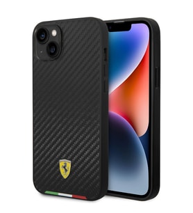 Apple iPhone 14 Plus Kılıf Ferrari Orjinal Lisanslı M-safe Şarj Özellikli Karbon İtalyan Bayrak Diza