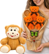Peluş Hediye Seti Sevimli Mutlu Peluş Maymun ve Büyük Boy Peluş Ayıcık Buketi