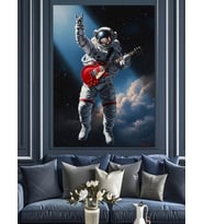 Uzayda Gitar Çalan Karizmatik Astronot Dekoratif Kanvas - Mdf Ahşap Tablo
