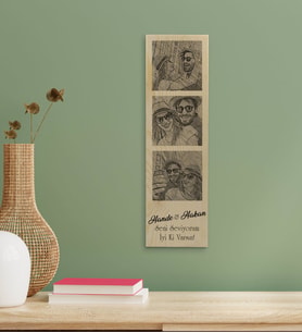 BK Gift Kişiye Özel Karakalem 3 Fotoğraflı ve Mesajlı Dekoratif Doğal Ahşap Çerçeve