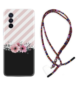 Huawei Nova Y70 Y90 Nova 9 SE  Kılıf Boyun Asklı Rasta Silikon Strip Pink Flowers 1396