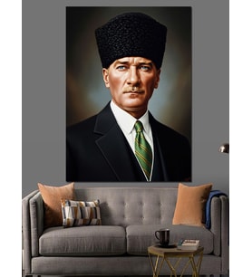 Atatürk Portresi Yeşil Kravat Dekoratif Kanvas - Mdf Ahşap Tablo