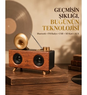 Çift Hoparlörlü Retro Bluetooth Speaker 1800mAh Bataryalı AUX USB SD Kartlı