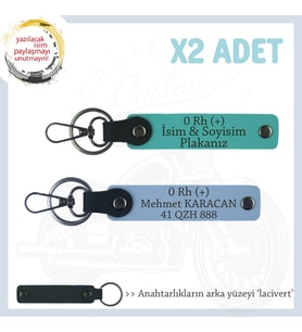 Sürücülere İsim Plaka ve 0 Rh (+) Kan Grubu Yazılı Kişiselleşmiş x2 Anahtarlık, K Turkuaz-Mavi-Laci (Çok Renkli)