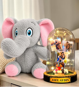 Kişiye Özel 3 Fotoğraflı Yazılı LED Işıklı Fanus ve Sevimli Peluş Fil Hediye Seti (kalp tutan aşıklar)
