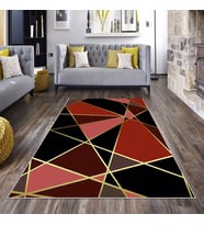 Kırmızı Geometrk Desen Gold Çizgi Yıkanabilir Kaymaz Taban Leke Tutmaz Modern Salon Halısı ve Yolluk
