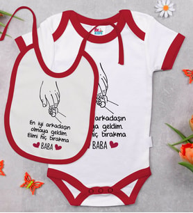 BK Kids En İyi Arkadaşın Olmaya Geldim Tasarımlı Kırmızı Bebek Body Zıbın ve Mama Önlüğü Hediye Seti-1