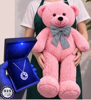 Premium Set Büyük Boy Pembe Peluş Ayıcık ve Işıklı Kutusunda 925 Ayar Gümüş Kolye (Model 2)