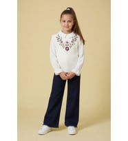Bordo Gül Desenli Süveterli Gömlekli Kız Çocuk Jean Pantolonlu 3lü Takım 24109