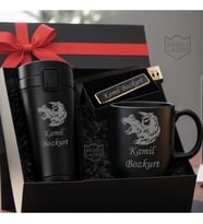İsme Özel Kurt Logolu Erkek & Kadın Lüks Hediye Seti - Çelik Termos Usb Çakmak Kupa - Premium Hediye Paketli