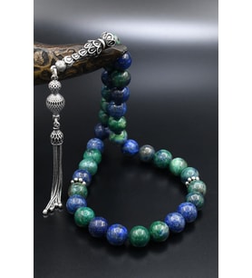 Doğal Azurite Taşlı Tesbih 925 Ayar Gümüş Püsküllü 10mm Küre Kesim 902573