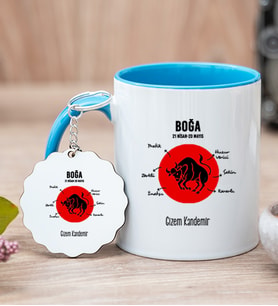 Kişiye Özel Boğa Burcuna Hediye Mavi Kupa Bardak ve Anahtarlık