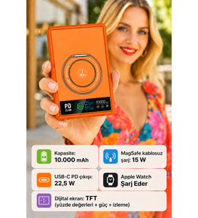 Ultra İnce 15W MagSafe Kablosuz Powerbank 10000mAh Watch Şarjlı 360° Standlı