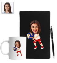 Kişiye Özel Voleybol Tasarımlı Karikatür Siyah Defter Kalem Kupa Seti 104