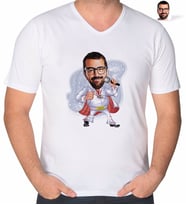 BK Gift Kişiye Özel Elvis Presley Karikatürlü V Yaka Tişört-1 (Beyaz)