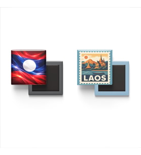Buzdolap Magnetleri - Laos Bayrağı ve Vientiane Posta Pulu Tema - 2'li Set Magneti
