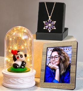 Kişiye Özel Fotoğraflı LED Işıklı Pandalı Fanus ve Gerçek Ametist Taşlı Lotus Kolye Hediye Seti