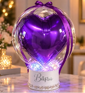 RGB LED Işıklı, Kelebek Taş Süslemeli Balon Kutusu Kişiye Özel İsimli Mor Kalp Balon - Kıza Sevgiliye Arkadaşa Hediye