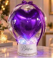 RGB LED Işıklı, Kelebek Taş Süslemeli Balon Kutusu Kişiye Özel İsimli Mor Kalp Balon - Kıza Sevgiliye Arkadaşa Hediye