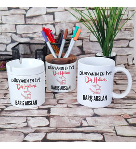 Dünyanın En İyi Diş Hekimi Baskılı Diş Doktoru Kalemlik Küllük Kupa Bardak Hediye Seti