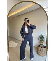 Neşeli butik kadın fermuarlı oversize sweat ve yüksek bel eşofman takımı NM018 (Antrasit)