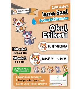 Sevimli Kediler Tasarımlı İsimli Defter Kalem Okul Etiketi, Yırtılmaz PVC Etiket, Suya Dayanıklı (Beyaz)