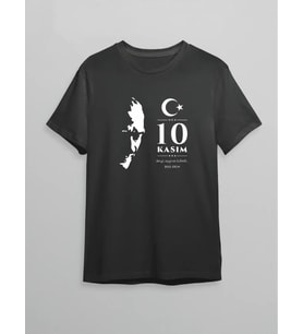 10 Kasım Atatürk Anma Günü Silüet Baskılı Oversize Bisiklet Yaka T-shirt - Siyah