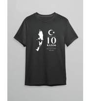 10 Kasım Atatürk Anma Günü Silüet Baskılı Oversize Bisiklet Yaka T-shirt - Siyah