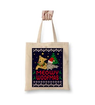 Meowy Woofmas Christmas Cat and Dog Pattern Knit Yılbaşı Beyaz Bez Çanta Uzun Saplı