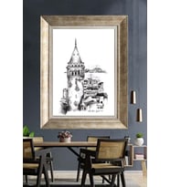 Tablore Galata Kulesi Karakalem Çizim Modern Çerçeveli Kanvas Tablo Duvar Dekoru
