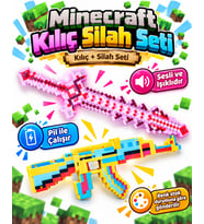 Oyuncak Minecraft Temalı Kılıç İp Askılı Silah Sesli Led Işıklı Renkli 2'li Oyun Seti Pixel Kılıç 50 Cm Pixel Tabanca 40 Cm