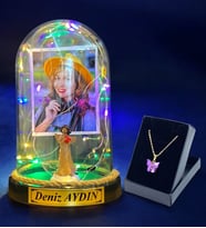 Kişiye Özel Renkli Led Işıklı Fanus ve Kelebek Kolye Hediye Seti (Model 5)