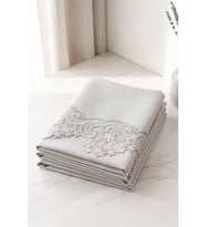 Fransız Dantelli Güpürlü Keten Masa Örtüsü 12 Kişilik Lüks Salon Sofra Örtüsü Küllü Gri 250x200
