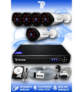 PICAM 5 Kameralı Uzay 5 Dış Kamera Set 500 GB HDD Full HD Gece Görüşlü Güvenlik Kamerası Sistemi