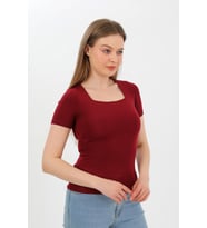 Kısa Kollu Kare Yaka Bluz (Bordo)
