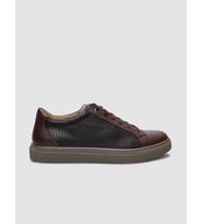 %100 Hakiki Deri Kahverengi Kare Desenli Bağcıklı Erkek Sneaker