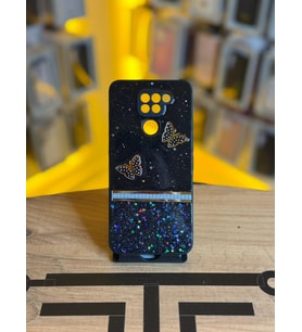 Redmi Note 9 Uyumlu Kelebek Figürlü Simli Parlak Telefon Kılıfı (Siyah)