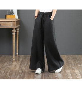Keten Günlük Pantolon Beli Lastikli Bağcıklı (Siyah)