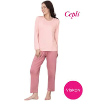 Kadın Bisiklet Yaka Düğmesiz Viskon Mevsimlik Uzun Kol Cepli Pijama Takımı (Pudra)