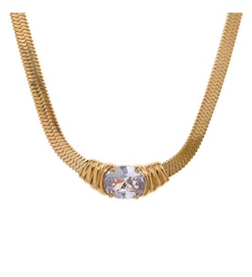 18 Ayar Altın Kaplama Oval Taş Gold Kolye – Premium Sarma Detaylı Model (Beyaz - Gold)