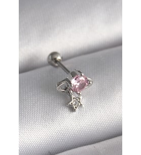 316L Çelik Gümüş Renk Pembe Zirkon Taşlı Sallantı Yıldız Detay Tragus Piercing - TJ-PR1237