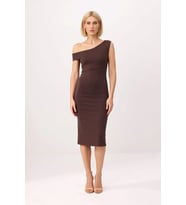 Kadın Asimetrik Yaka Düşük Kol Bodycon Midi Elbise Silky İnterlok Örme Kumaş Günlük Rahat Modern