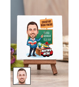 Erkek Edebiyat Öğretmenine Öğretmenler Günü Hediyesi Karikatürlü Masa Dekoru