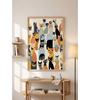 Kedi Kalabalığı Mid-Century Kedi Deseni Ahşap Çerçeveli Duvar Tablosu
