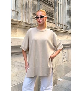 Krem Rengi Oversize Triko Bluz