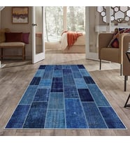 Lacivert Patchwork Kırkama Desen Yıkanabilir Kaymaz Taban Leke Tutmaz Modern Salon Halısı ve Yolluk