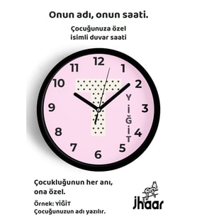 İsme Özel T Harfli Pembe Çocuk Odası Duvar Saati Orta Boy 30 cm Siyah Camlı Sessiz