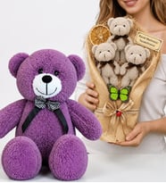 Kişiye Özel Peluş Ayıcık Buketi ve 50 cm Büyük Boy Mor Peluş Ayıcık Hediye Seti